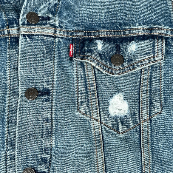 Levis Jean Jacket Adult MEDIUM Blue Cotton Denim Medium Wash Trucker Distressed - Picture 5 of 10